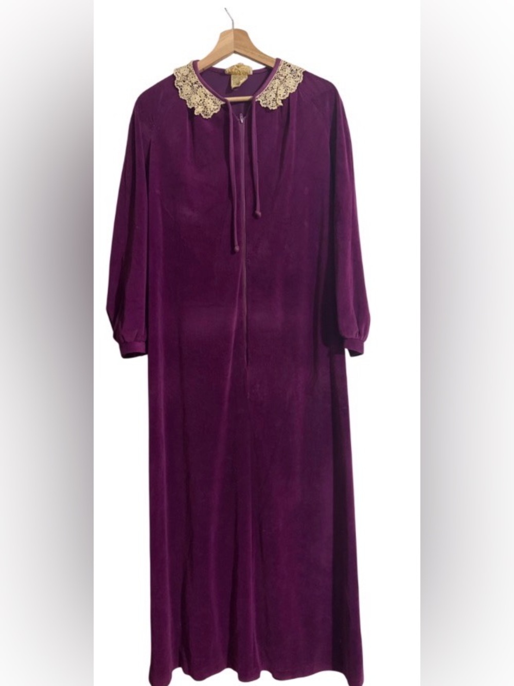 Vintage Miss Elaine Purple Velour Long Robe Dress Lace Collar Full Zip USA Made